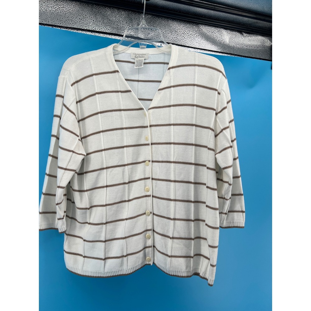 Christopher & Banks Women Cardigan L White Brown Striped 3/4 Sleeve Button Front - Picture 4 of 5